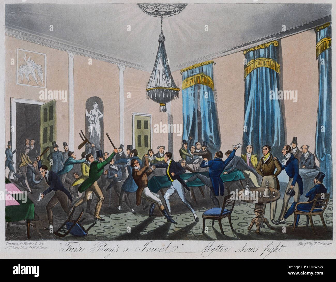 Kämpfen Sie um Betrug an Spieltischen. Aquatinta, 1837 Stockfoto