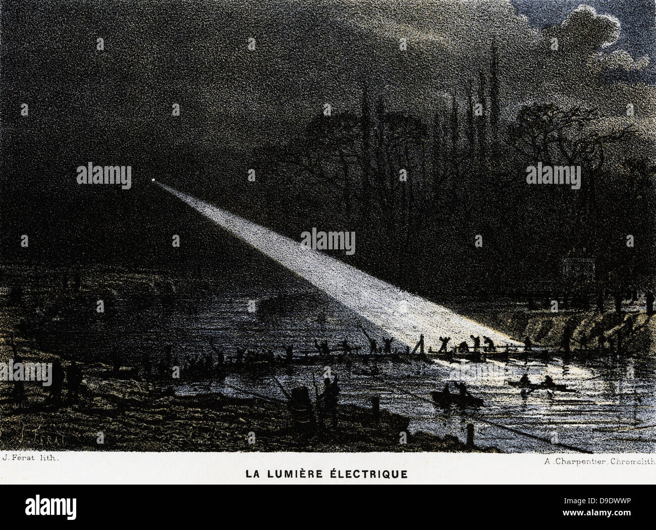 Bauen Abwehrkräfte über die Seine in der Nacht mit Arc Light. Franco-Preussischer Warze, 1870-1871. Stockfoto