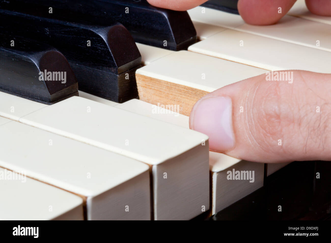 Klavier-Tastatur aus Elfenbein mit Händen gemacht. Stockfoto