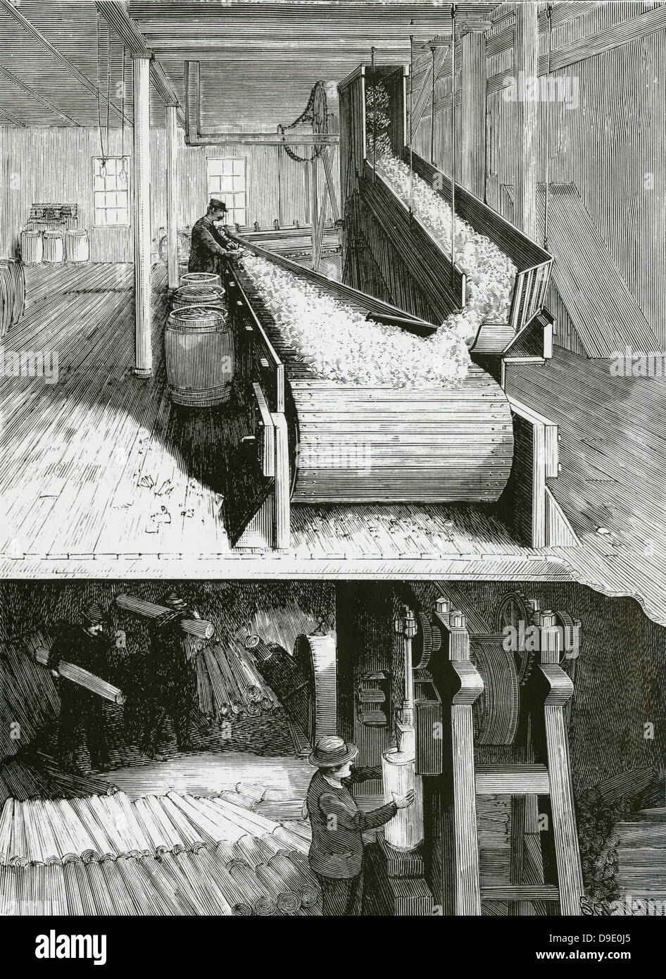 Papier machen: Chipping Fichte und Sortieren (oben). Die Chips dann an die sulphit digester. Von ''Scientific American'', 1898. Stockfoto