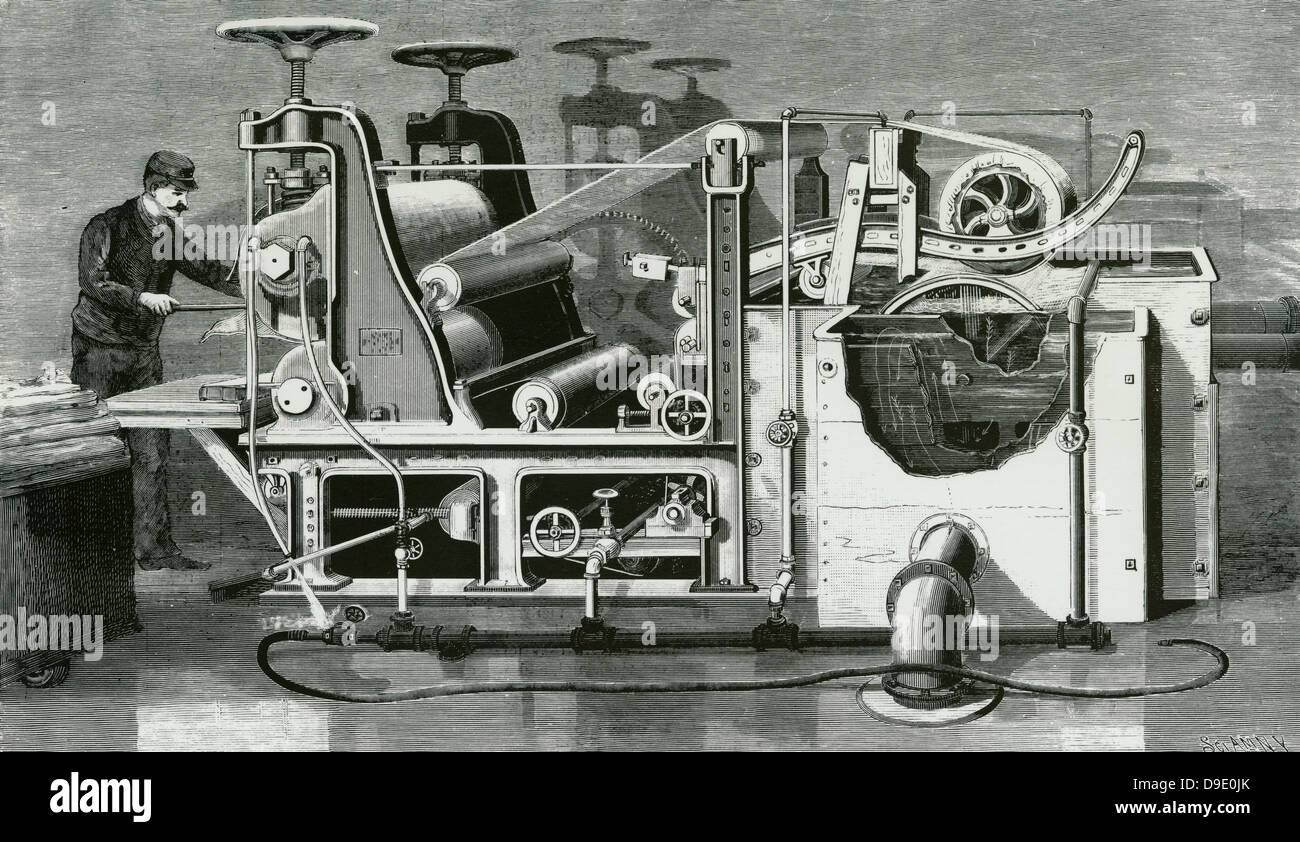 Papierherstellung: nass Presse für Zellstoff in Blätter bilden. Von "Scientific American", 1898. Stockfoto