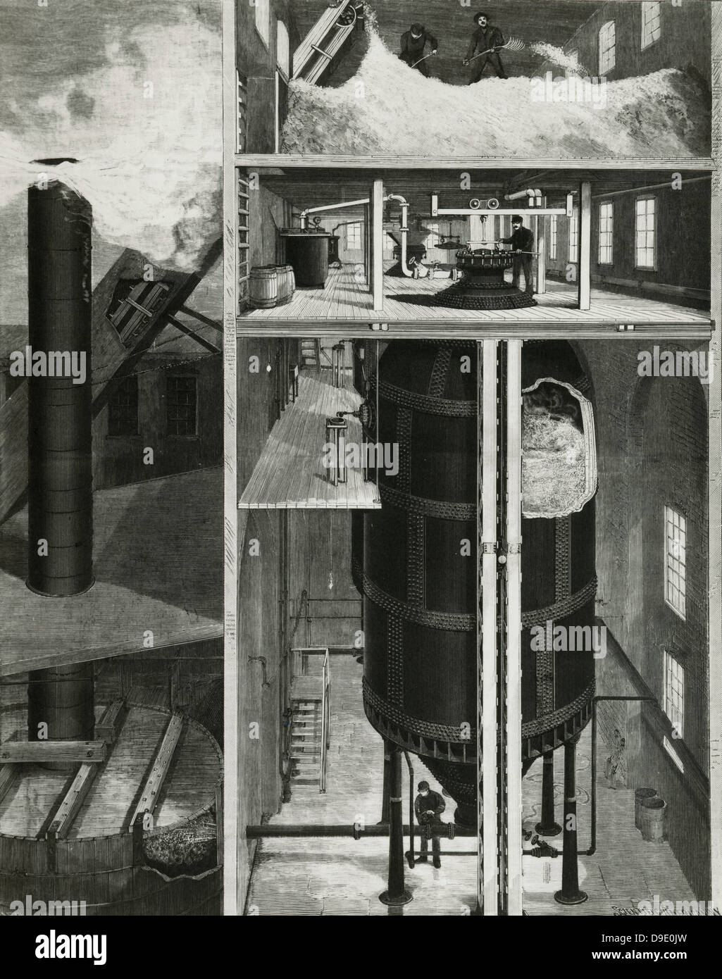 Papier macht nach dem Sulfit-Verfahren - Einspeisung Hackschnitzel in den Fermenter. Von "Scientific American", 1898. Stockfoto
