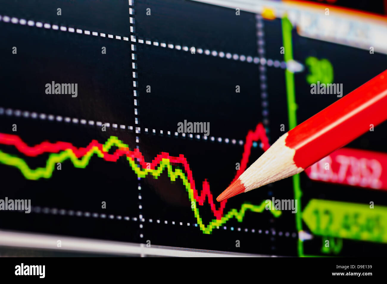 Abwärtstrend finanzielle Diagramm mit dem roten Bleistift. Selektiven Fokus Stockfoto