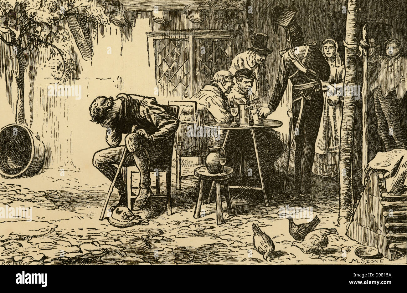 Junger Mann trauernde den Verlust seiner Frau. 1873-Gravur. Stockfoto