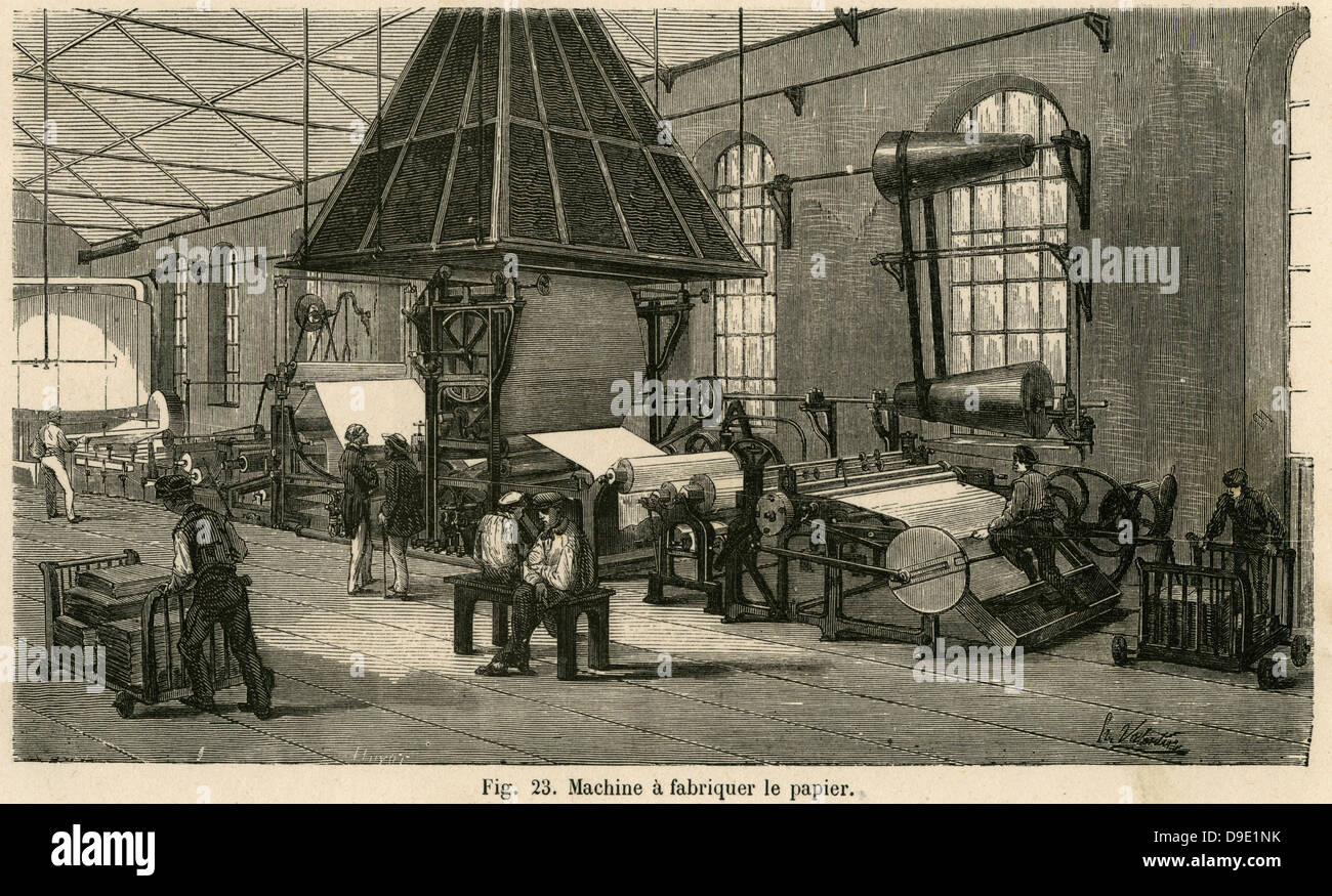 Endlospapier, die Maschinerie, Essonne Papierarbeiten. 1876-Gravur. Stockfoto