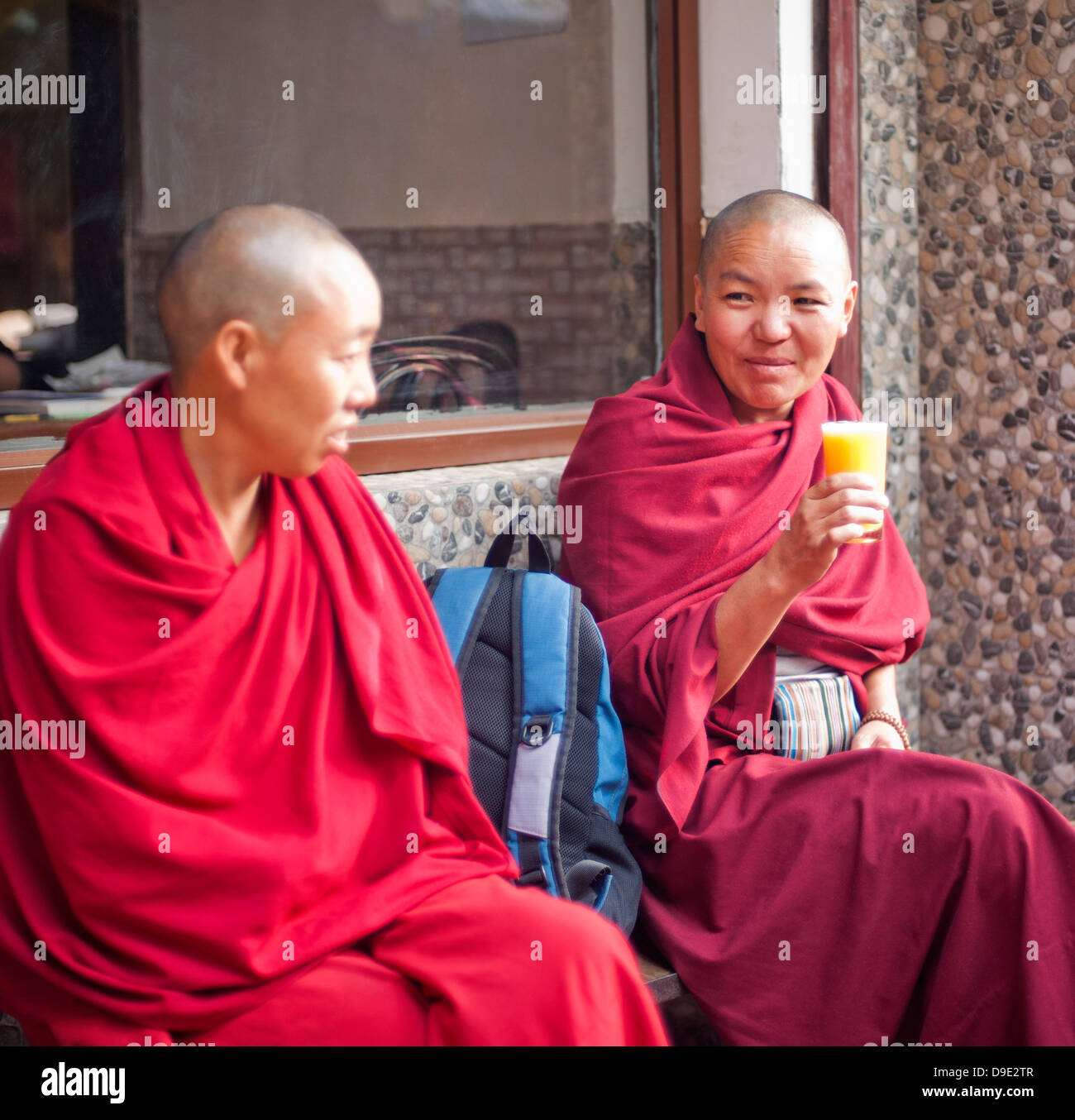 Zwei Mönche zusammensitzen, tibetisches Kloster, Delhi, Indien Stockfoto