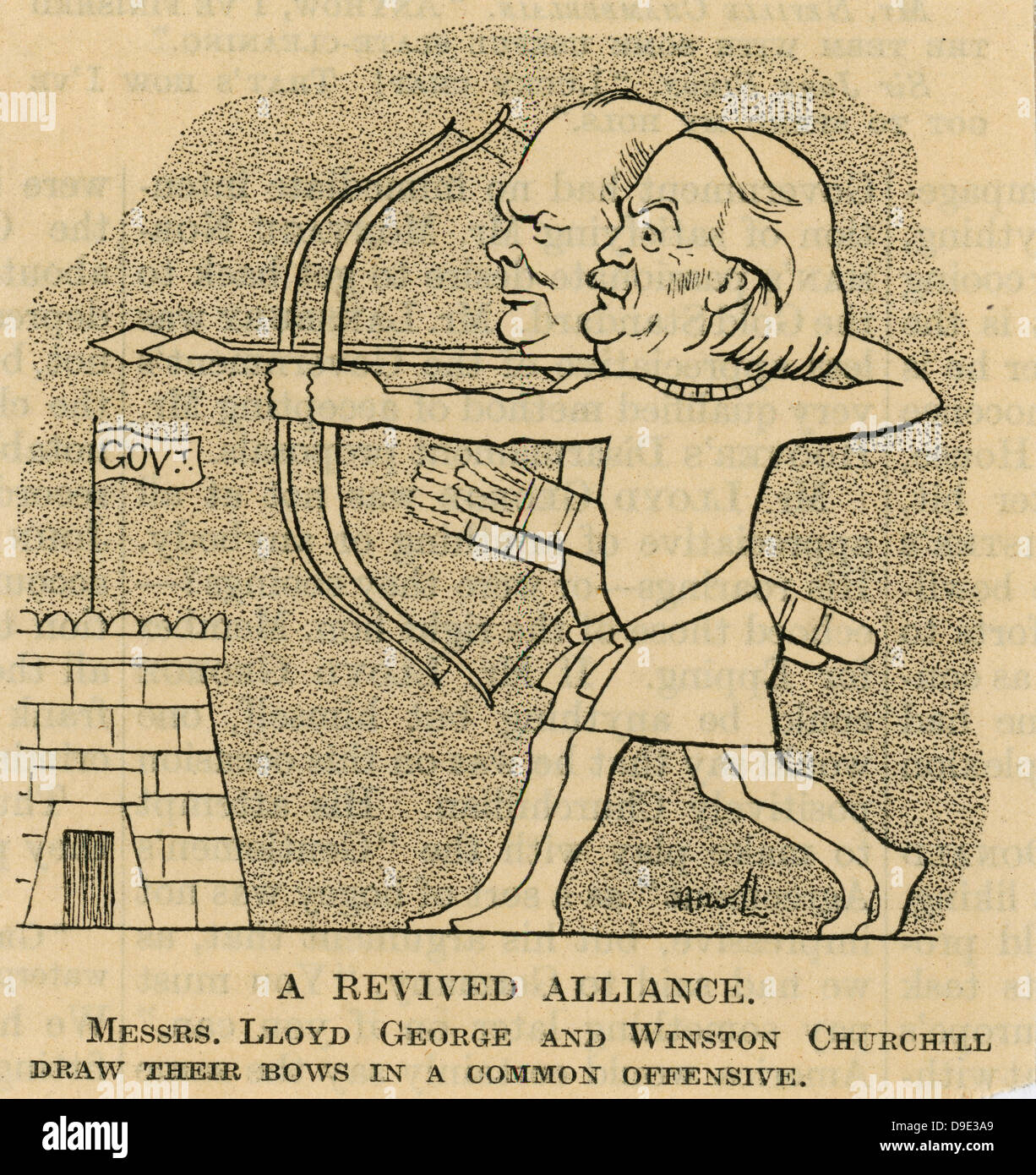 Winston Churchill (1874-1965) hinten und David Lloyd George (1863-1945), britischer Politiker, eine Allianz bilden. 1932 Stockfoto