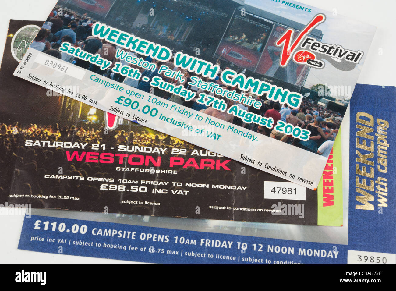 V Festival Wochenende Campingtickets für Weston Park, Staffordshire, 2003-2005 Stockfoto