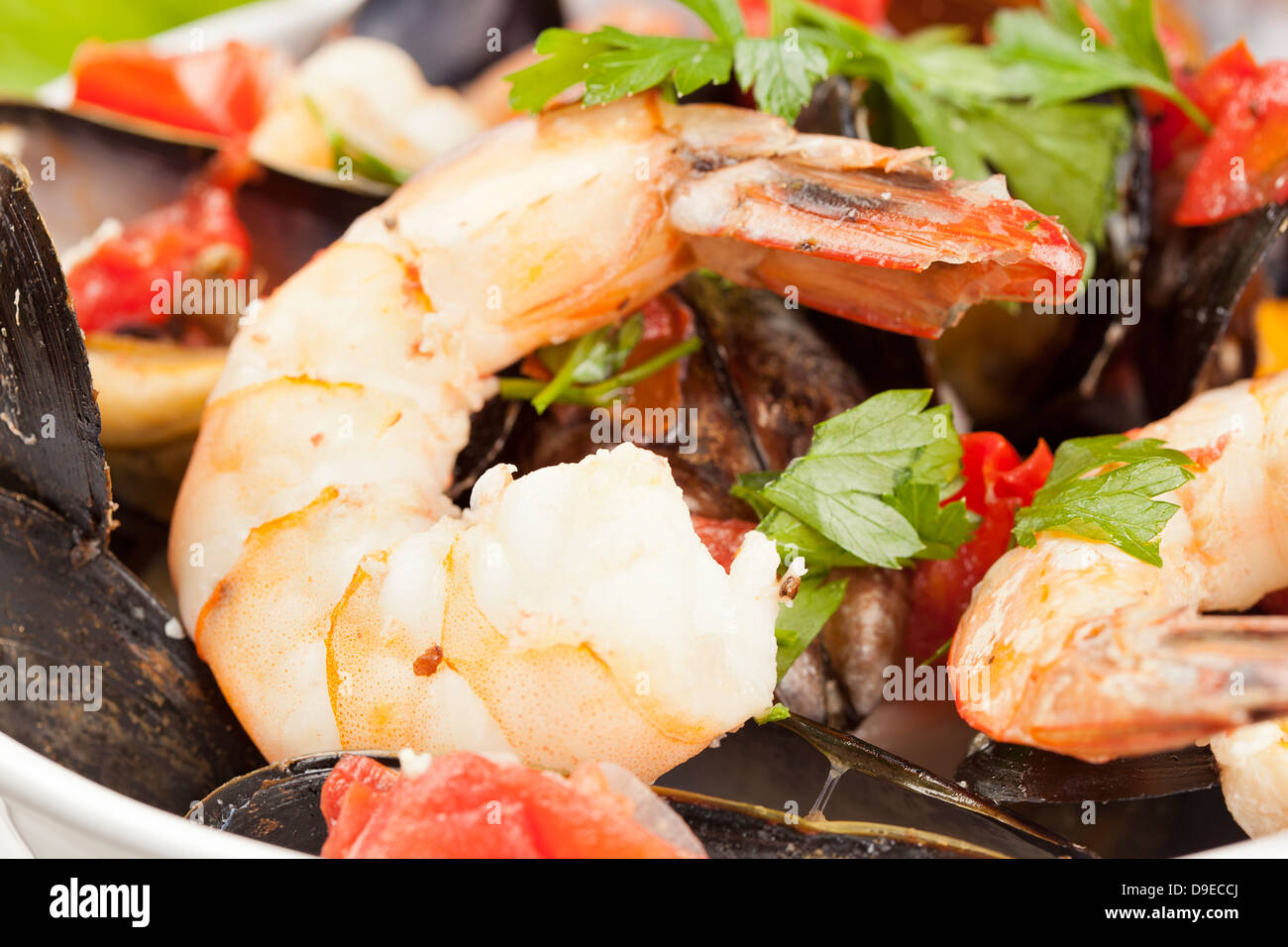 Hausgemachte italienische Cioppino mit Garnelen, Muscheln und Fische Stockfoto