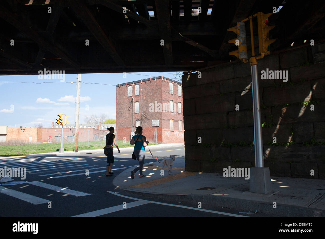 Zwei junge Frauen gehen mit einem Pitbull Hund in einem unsicheren Teil von Holyoke, Massachusetts. Stockfoto