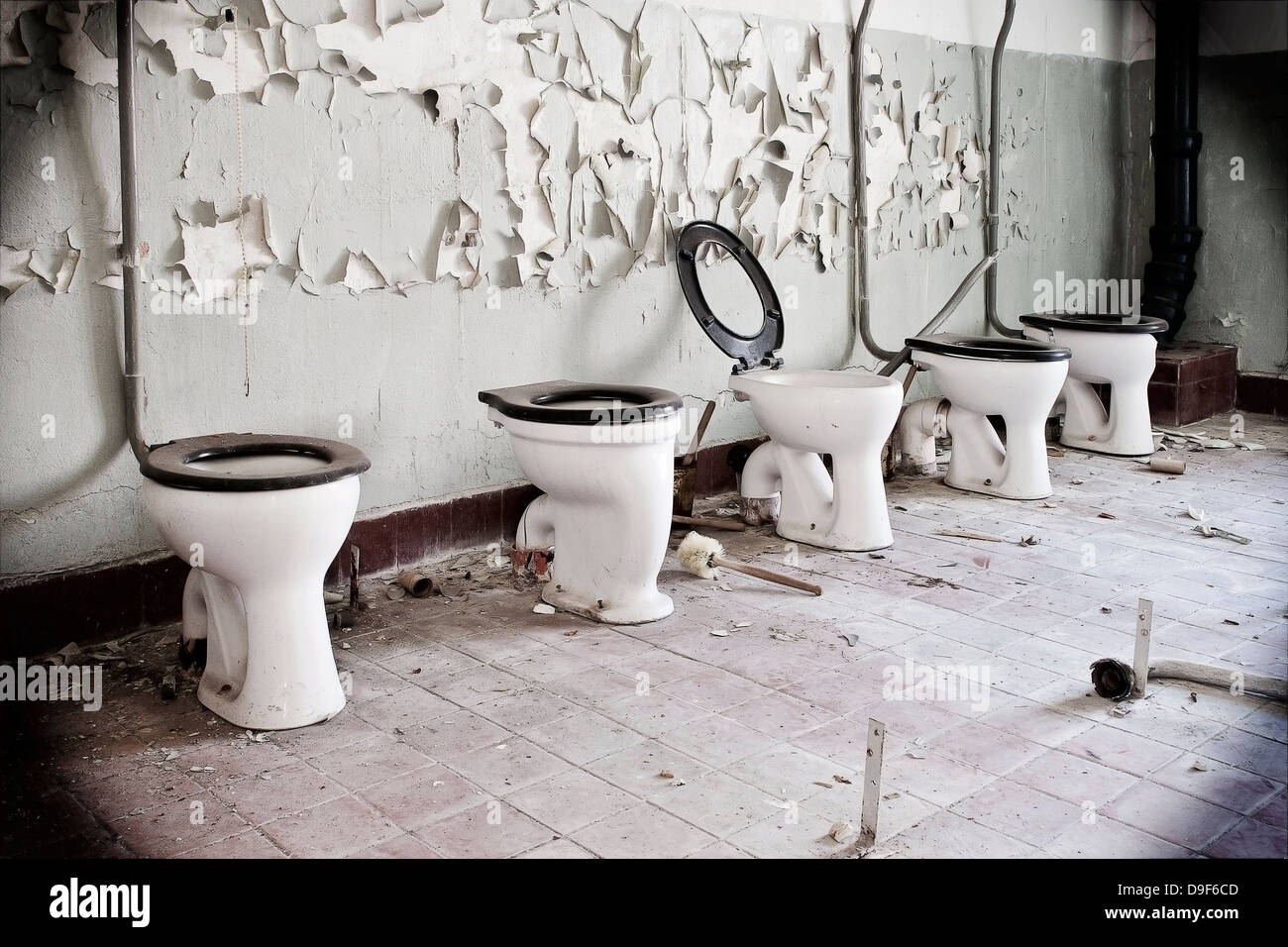 Alte WC Waschbecken in einer Reihe, alte WC-Schüssel in einer Reihe Stockfoto