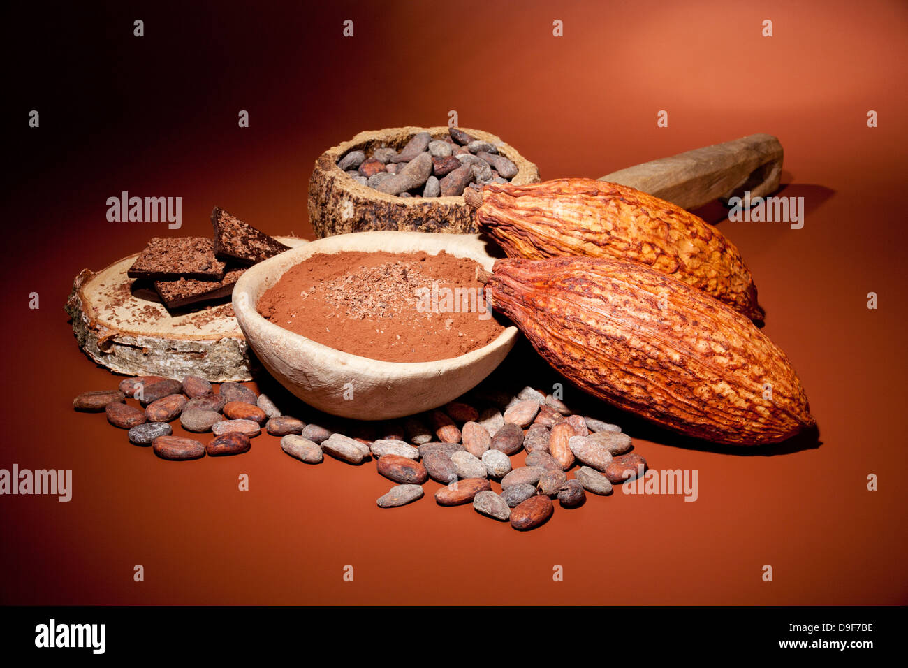 Kakaobohnen mit Kakaopulver und Schokolade, Kakao-Bohnen mit Kakaopulver und Schokolade Stockfoto