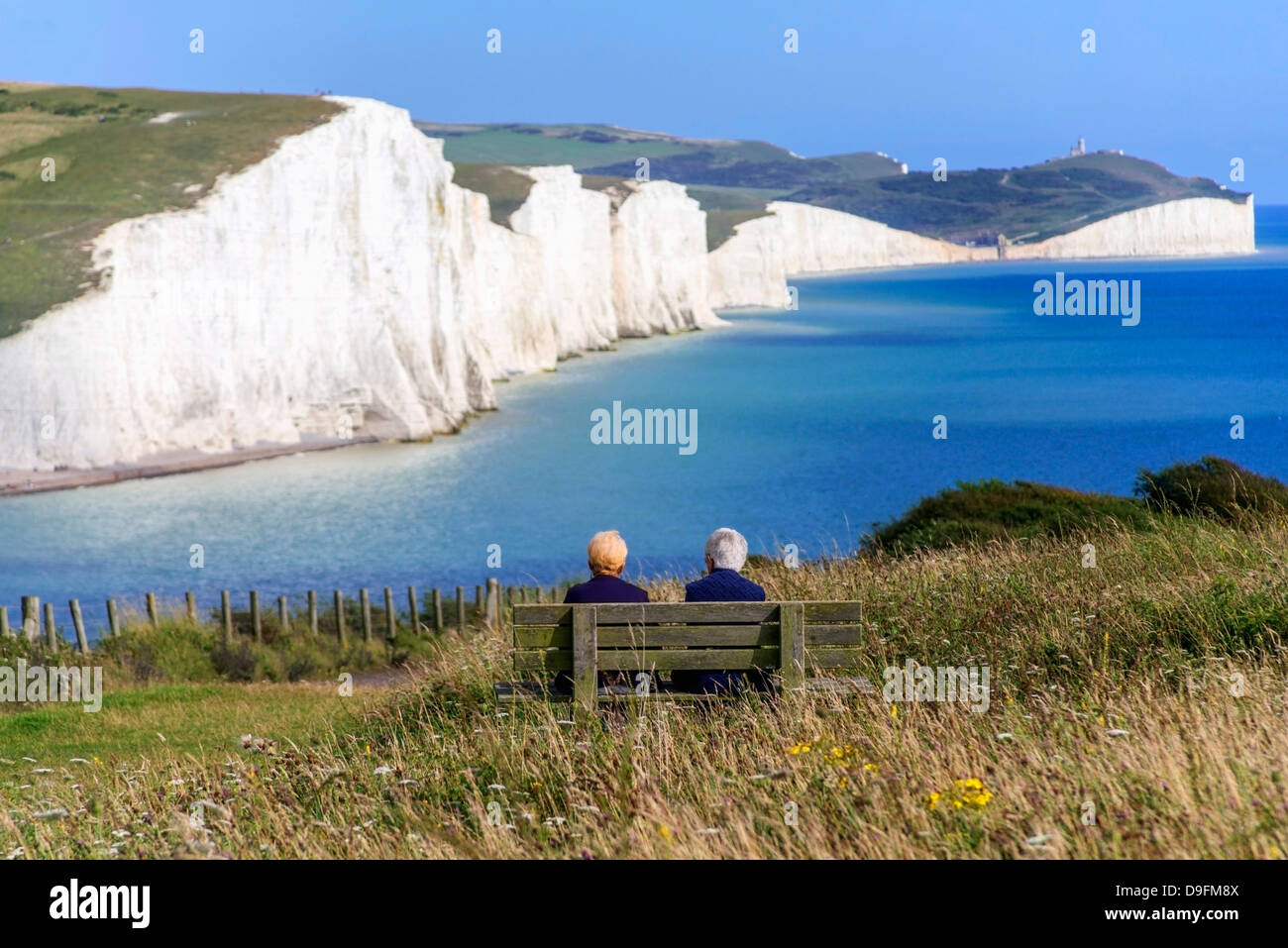 Die Kreidefelsen der sieben Schwestern aus der South Downs Way, South Downs National Park, East Sussex, England, UK Stockfoto