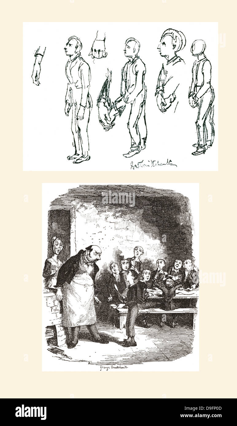 Obere Skizze von George Cruikshank ist eine Studie für Oliver Twist Fragen für mehr, und die untere ist der endgültigen veröffentlichten Zeichnung. Stockfoto
