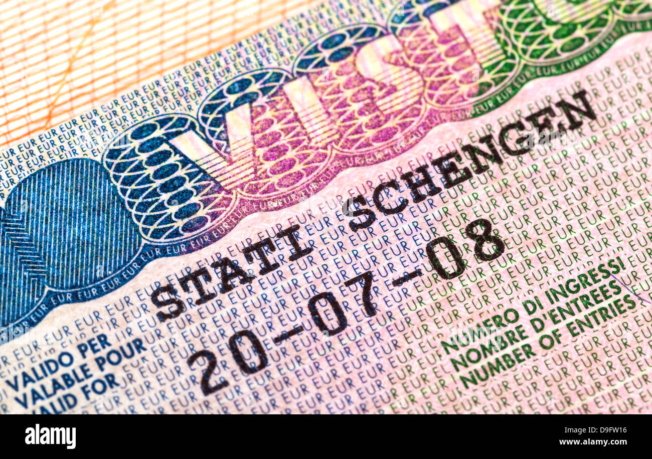 Schengen-Visum im Pass. Fragment Stockfoto