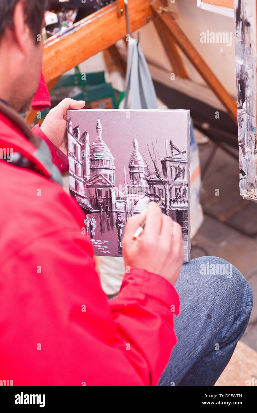 Eine Straße Künstler bei der Arbeit in die berühmten Place du Tertre in Montmartre, Paris, Frankreich Stockfoto