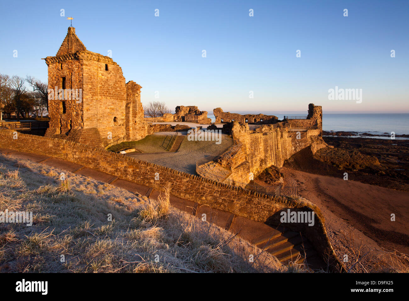 St. Andrews Castle bei Dämmerung, Fife, Schottland, UK Stockfoto