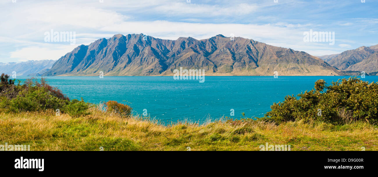 Südalpen-Bergkette und Lake Hawea, West Coast, Südinsel, Neuseeland Stockfoto