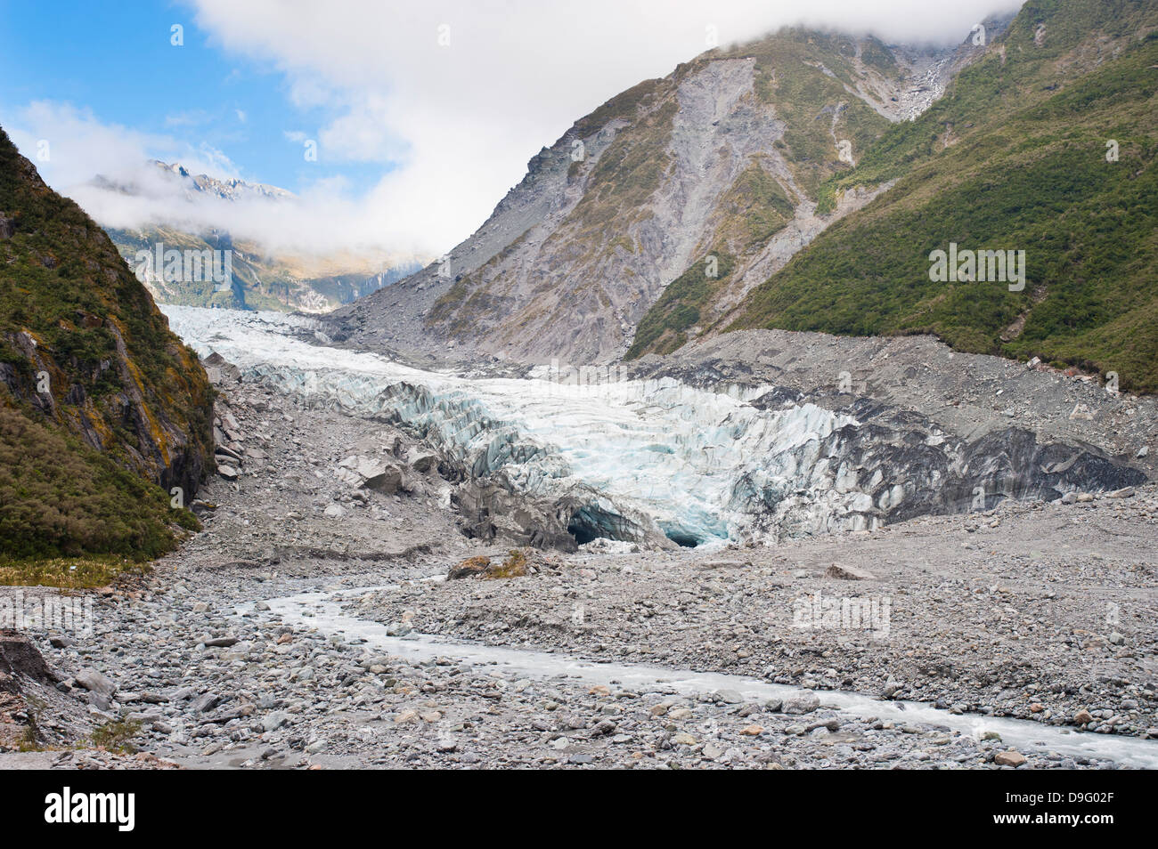 Gletscher schmelzen Wasserfluss, Fox Glacier, Westland National Park, UNESCO-Weltkulturerbe, Südinsel, Neuseeland Stockfoto