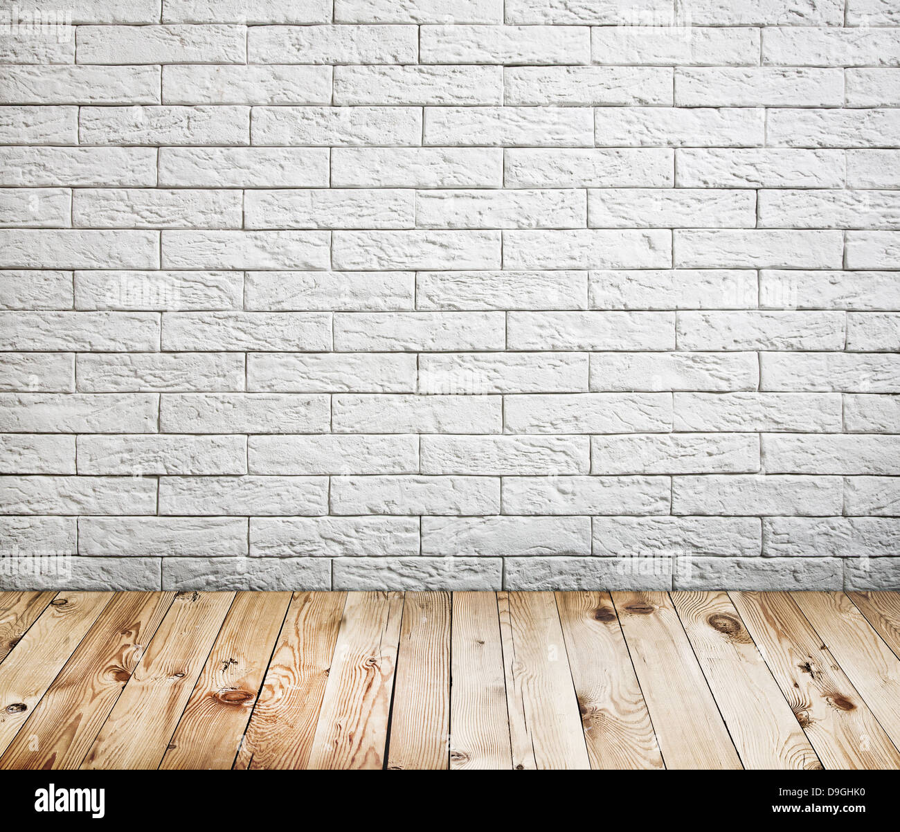 Innenraum mit weiße Ziegel Wand und Holz-Boden-Hintergrund Stockfoto