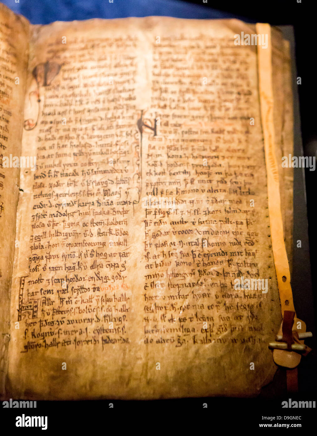 Seiten von mittelalterlichen Manuskripten datiert zurück bis ins 13. Jahrhundert.  Das Kulturhaus (Thjodmenningarhusid)-Reykjavik, Island. Stockfoto