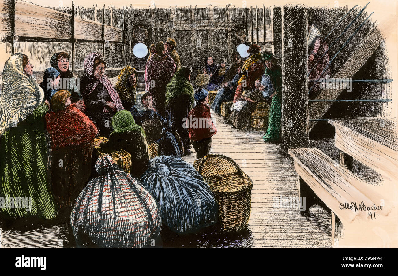 Europäische Emigranten im Zwischendeck Abschnitt der Dampfer in die USA, 1890. Hand - farbige Holzschnitt Stockfoto
