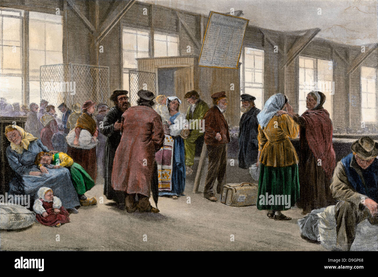 Festgenommene Einwanderer warten, Ellis Island, New York, Ende 1800. Handcolorierte halftone einer Abbildung Stockfoto