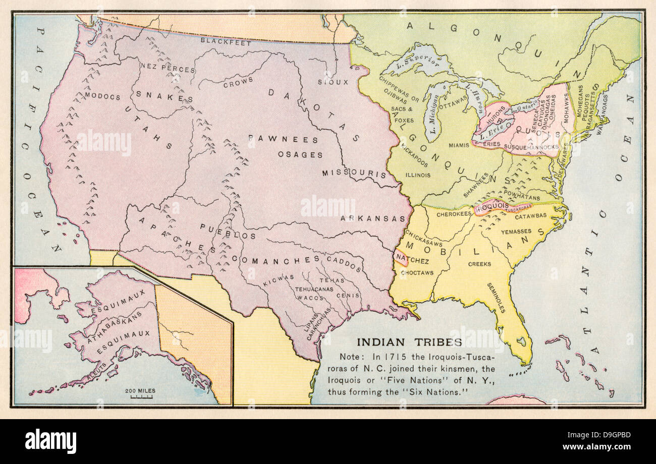 Karte von Native American tribe Standorten ca. 1715, Continental. Farblithographie Stockfoto