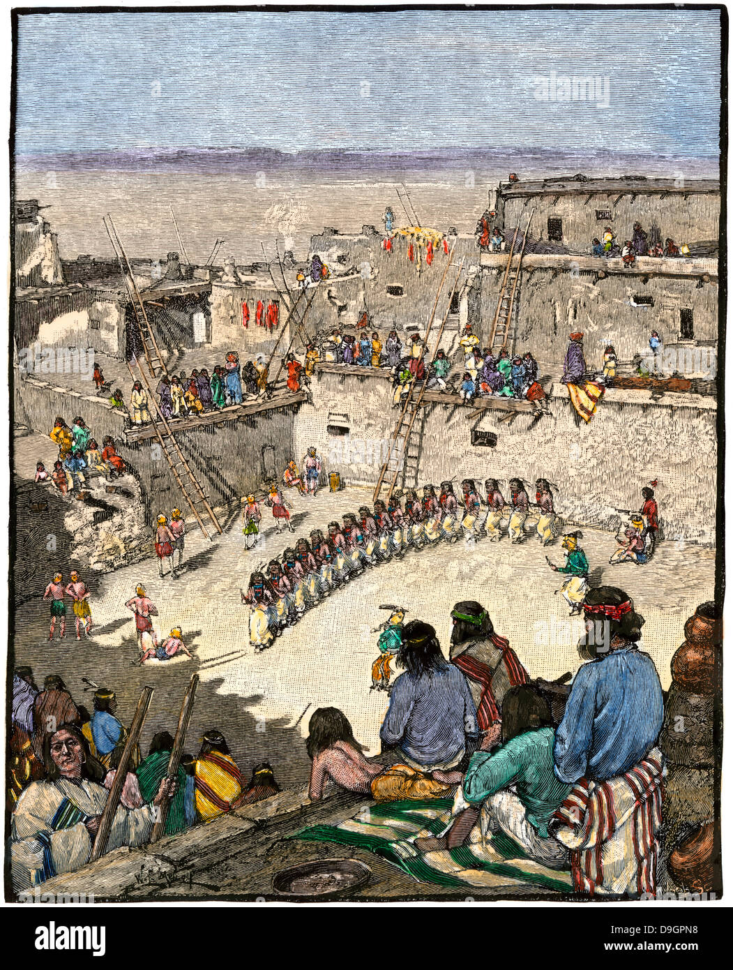 Tanz der Großen Messer in einem Pueblo Village, New York, 1800. Hand - farbige Holzschnitt Stockfoto