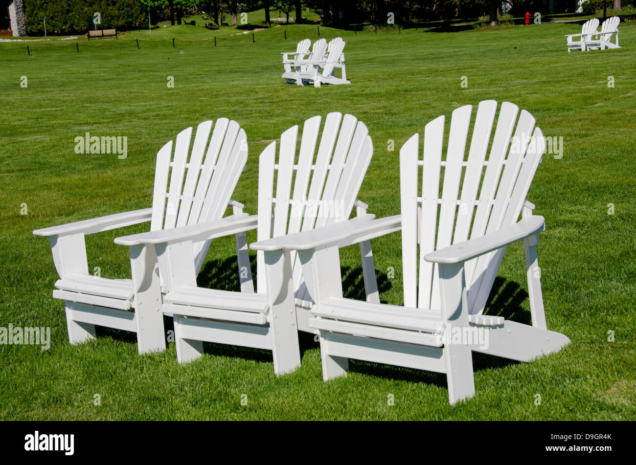 Michigan, Mackinac Island, Mission District. Mission Point Resort, leere Plätze auf Rasen. Stockfoto