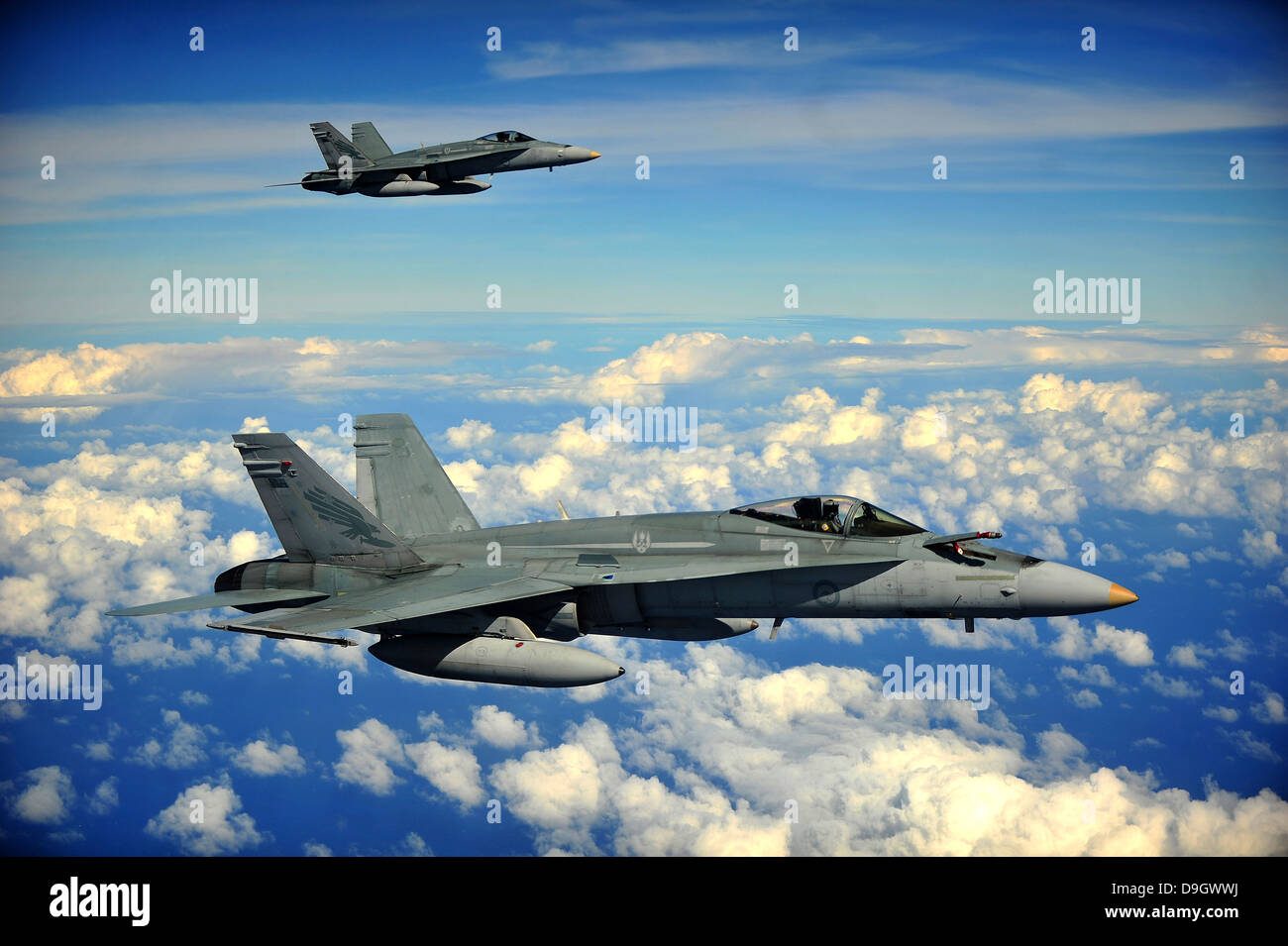 Zwei königliche australische Luftwaffe F/A-18 Hornets. Stockfoto