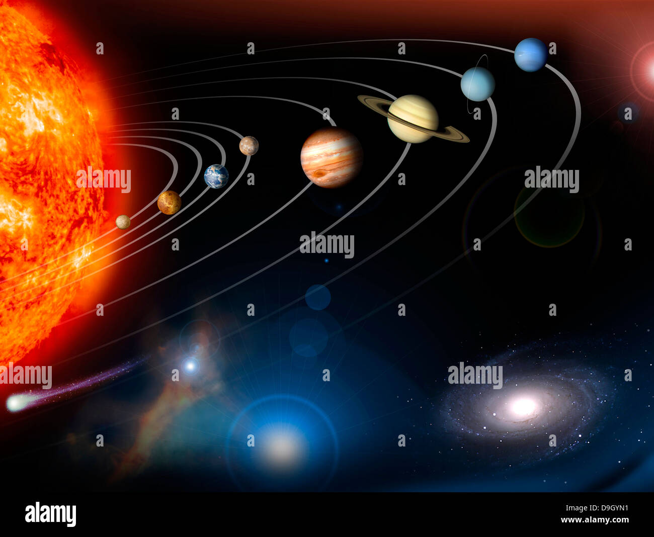 Digital erzeugte Bild unseres Sonnensystems und Punkten darüber hinaus. Stockfoto