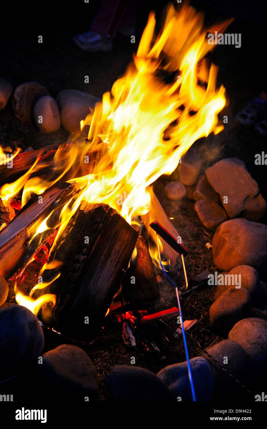 Ein Lagerfeuer mit gelben Flammen und einen Hot Dog Braten auf einer Gabel. Stockfoto