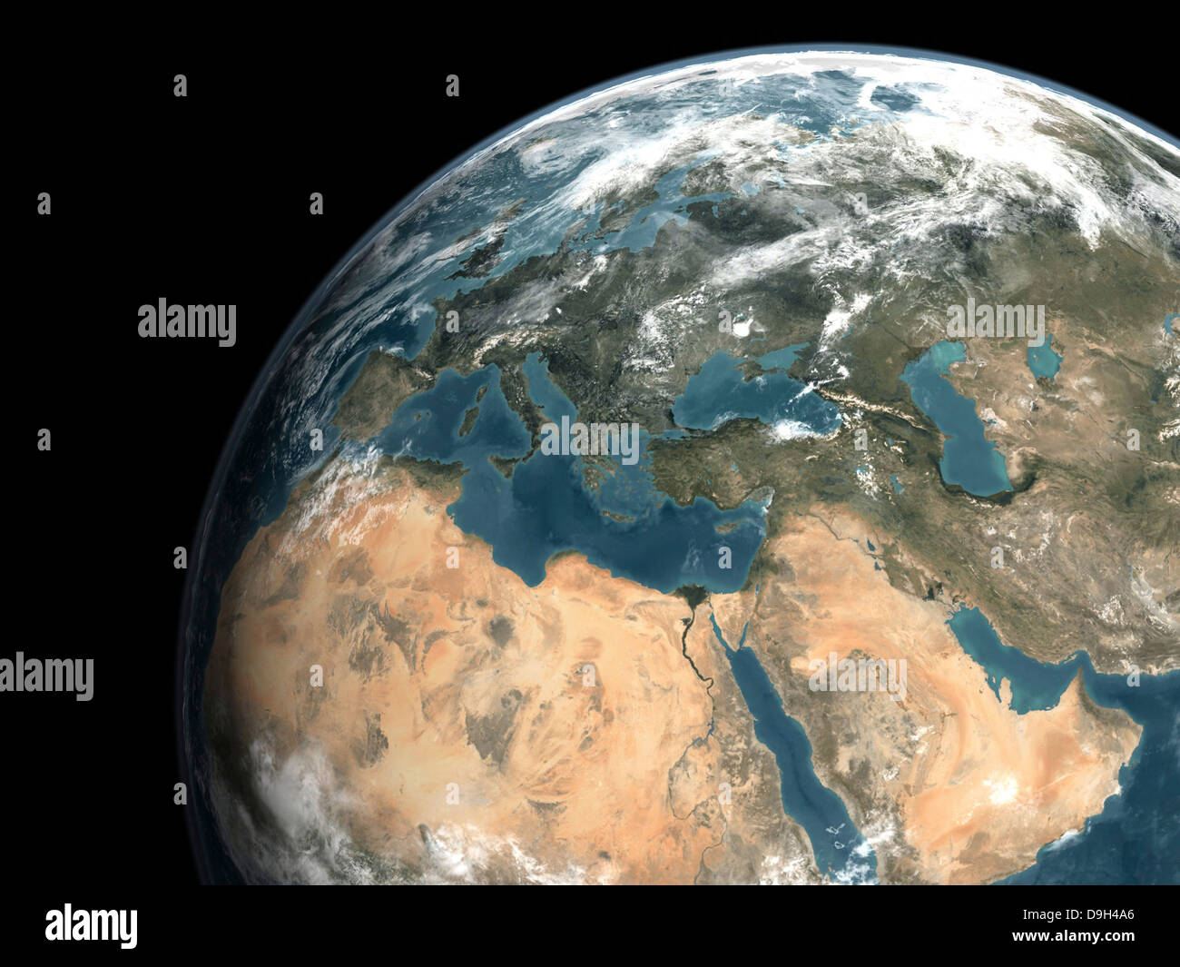 Globale Sicht der Erde über Europa, Nahost und Nordafrika. Stockfoto