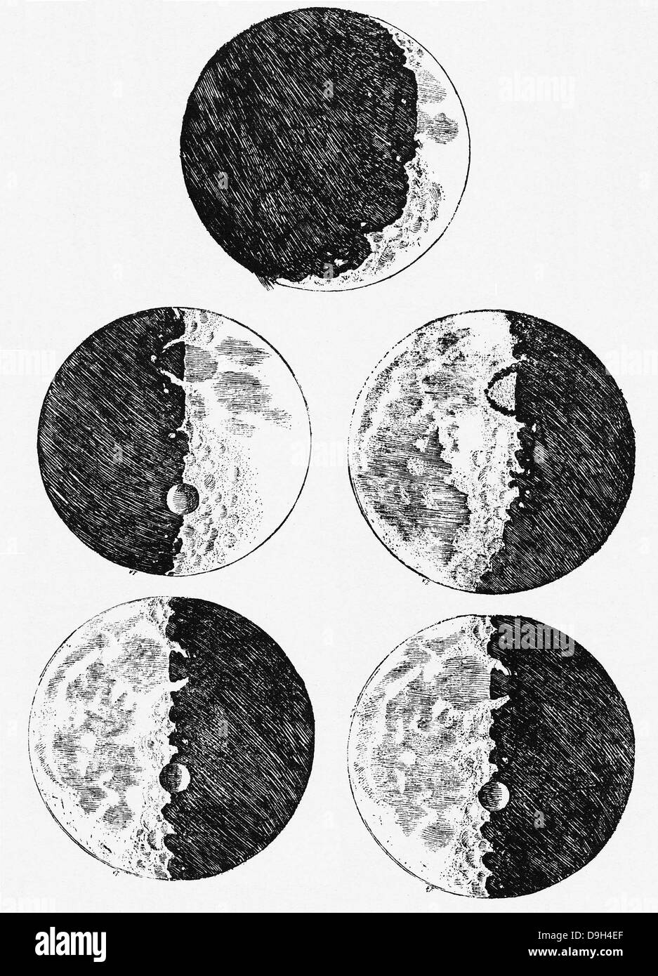 Galileos Zeichnungen von den Phasen des Mondes, basierend auf Beobachtungen durch sein Fernrohr. Stockfoto