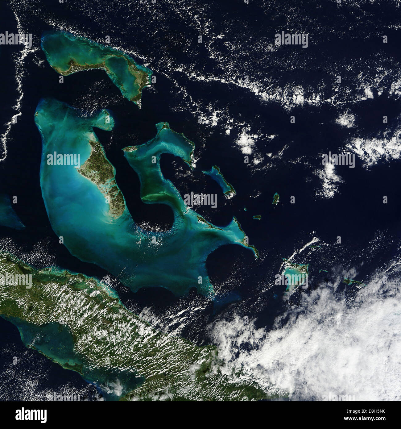 Satelliten-Ansicht der Bahama-Inseln im Atlantischen Ozean. Stockfoto