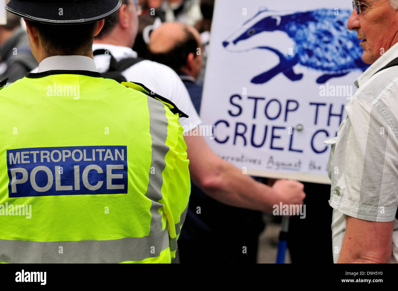 Polizist bei der nationalen März gegen the Badger Cull, Samstag, 1. Juni 2013, durch die Tate Modern Gallery. Stockfoto