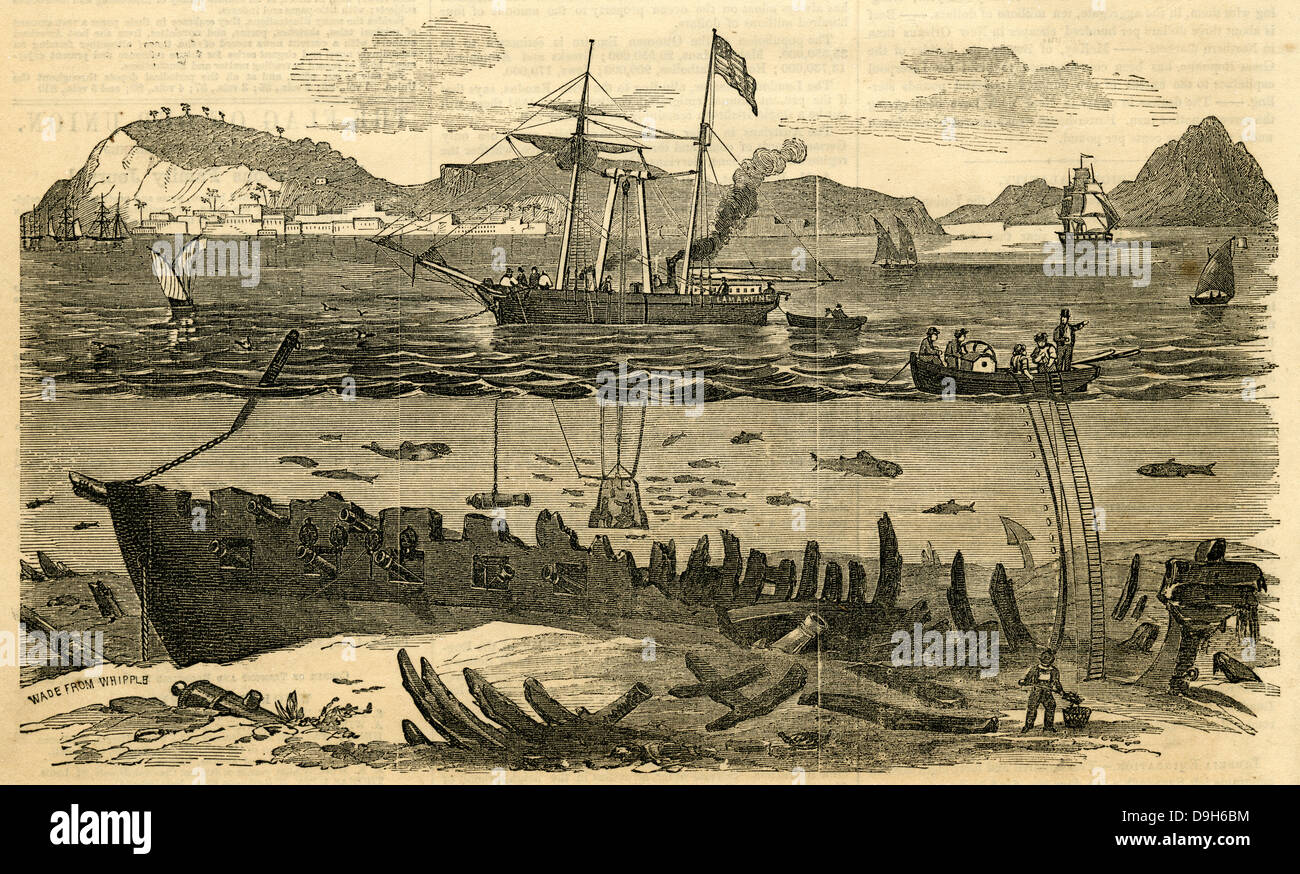 1854 Gravur, Operationen auf dem Wrack des spanischen San Pedro de Alcantara Mann-O-Kriegsschiff. Stockfoto
