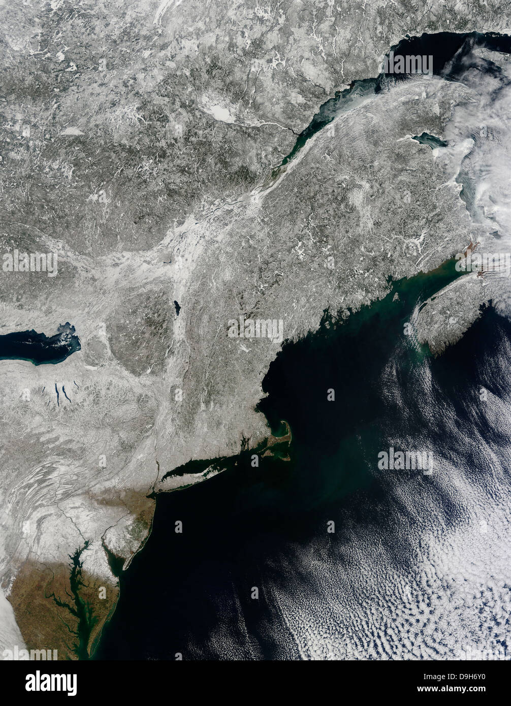 23. Februar 2011 - Satellitenansicht von Schnee in den nordöstlichen Vereinigten Staaten. Stockfoto