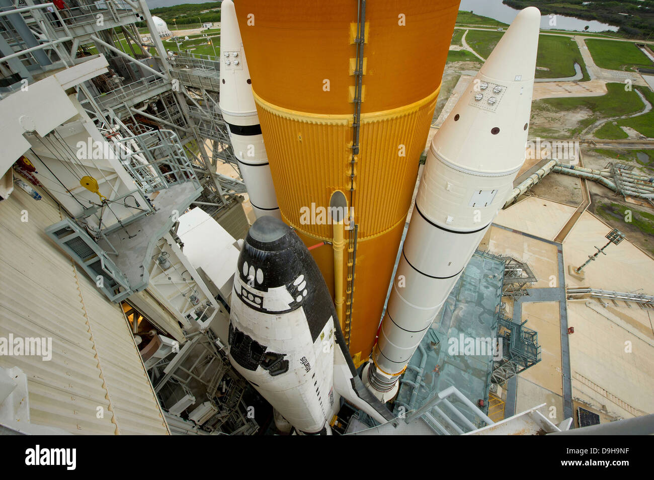 Space Shuttle Atlantis auf der Startrampe am Kennedy Space Center, Florida Stockfoto
