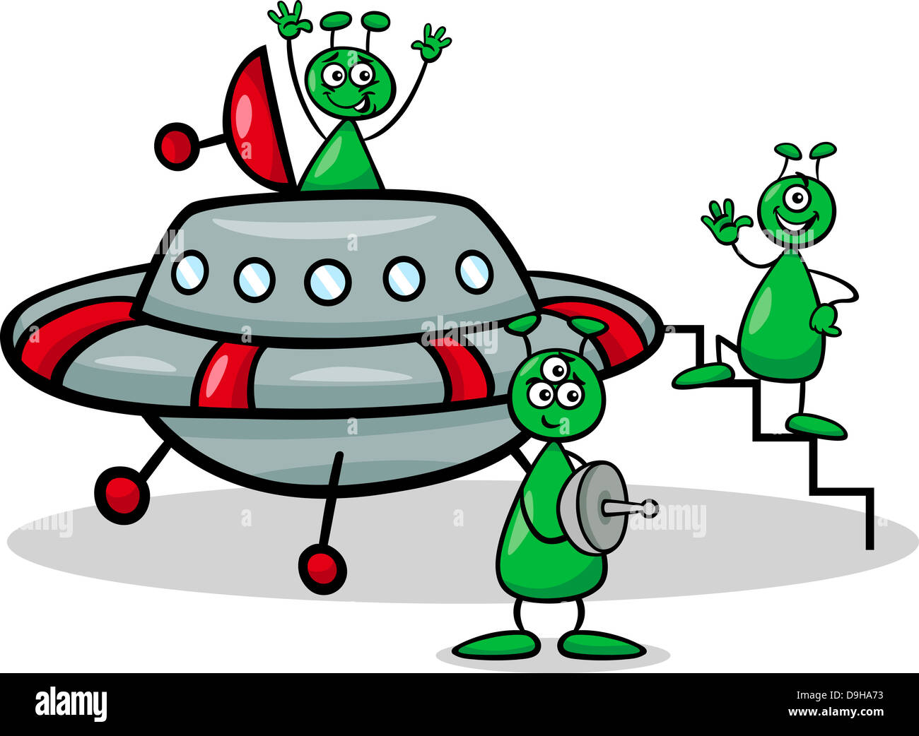 Cartoon-Illustration von drei lustige Aliens oder Marsmenschen Comic-Figuren mit Ufo oder Raumschiff Stockfoto