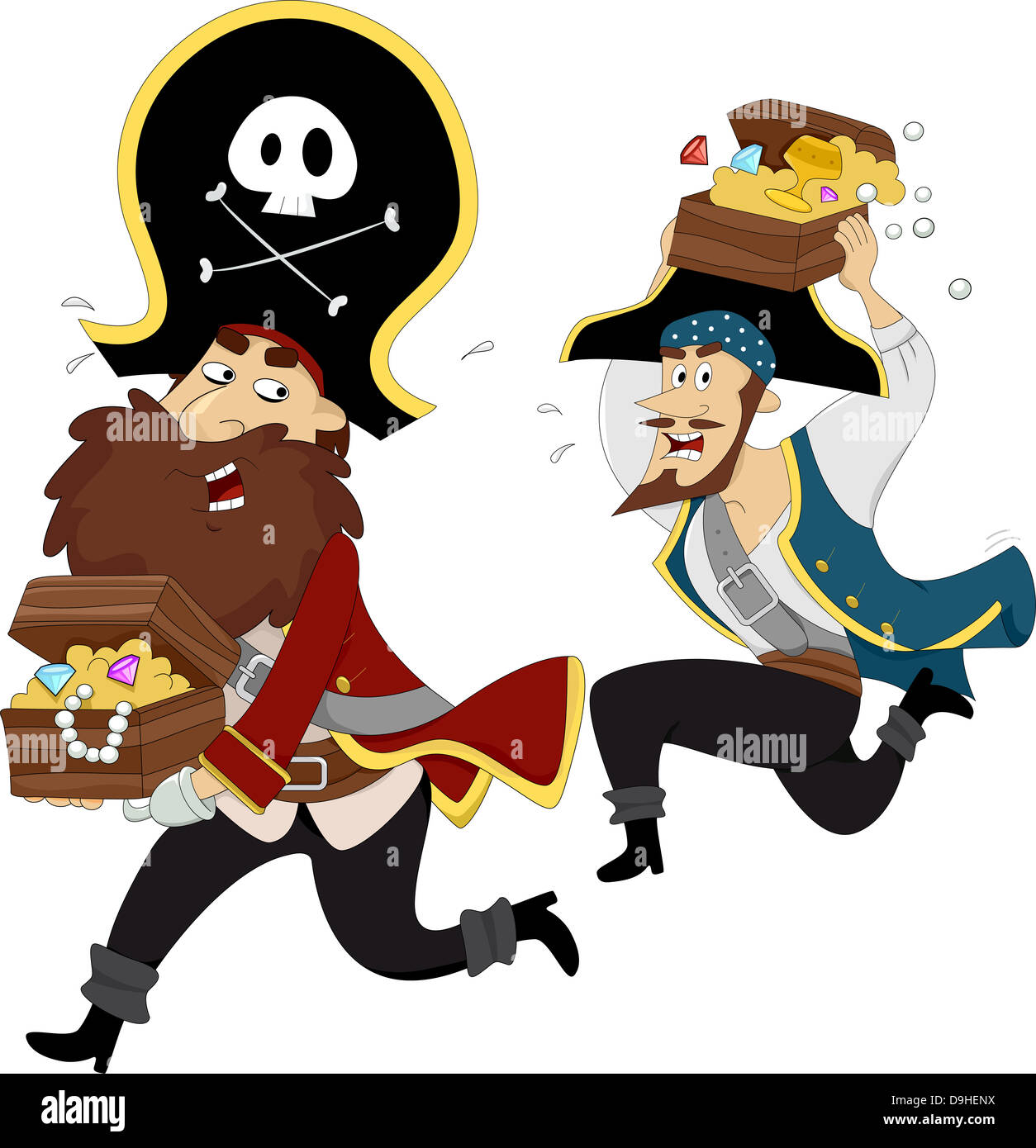 Darstellung der männlichen Piraten jagen einander während des Tragens Schatztruhe Stockfoto