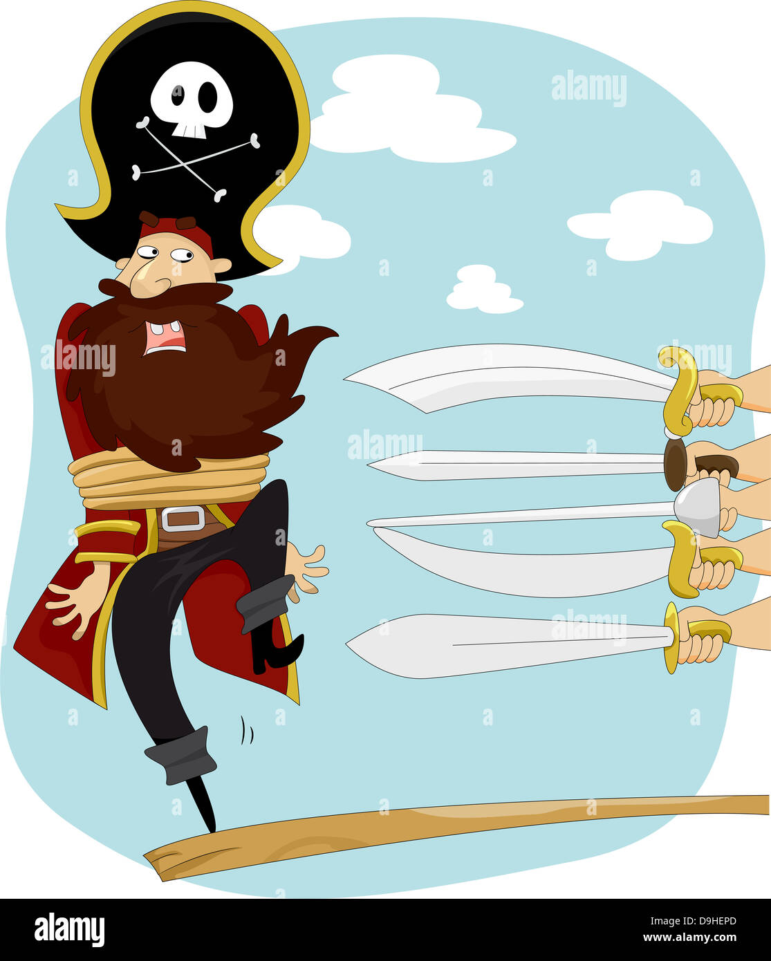Abbildung der Schwerter zeigt auf männlichen Piraten Walking the Plank für Ausführung Stockfoto
