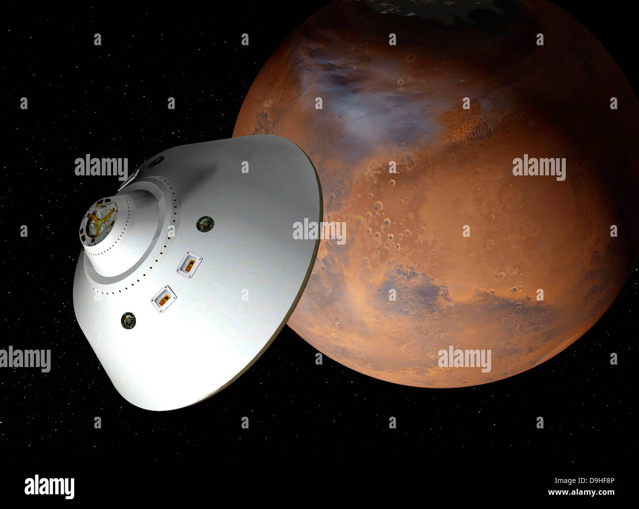 Des Künstlers Konzept ein Aeroshell ummantelt Raumschiff nähert sich Mars. Stockfoto