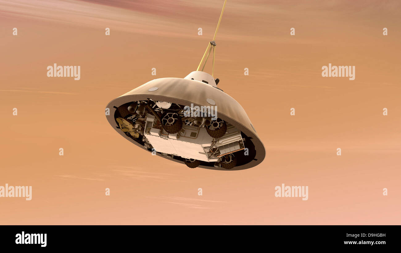 Des Künstlers Konzept der NASA Curiosity Rover versteckt in der Raumsonde Endgehäuse. Stockfoto
