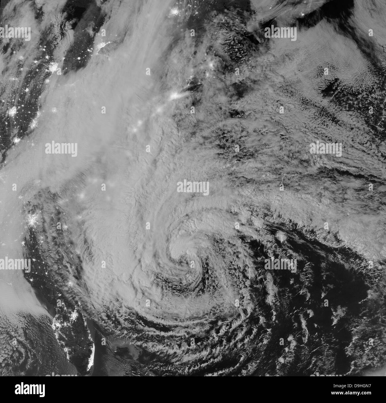 Satellitenbild des Hurrikans Sandy in der Nacht Stockfoto