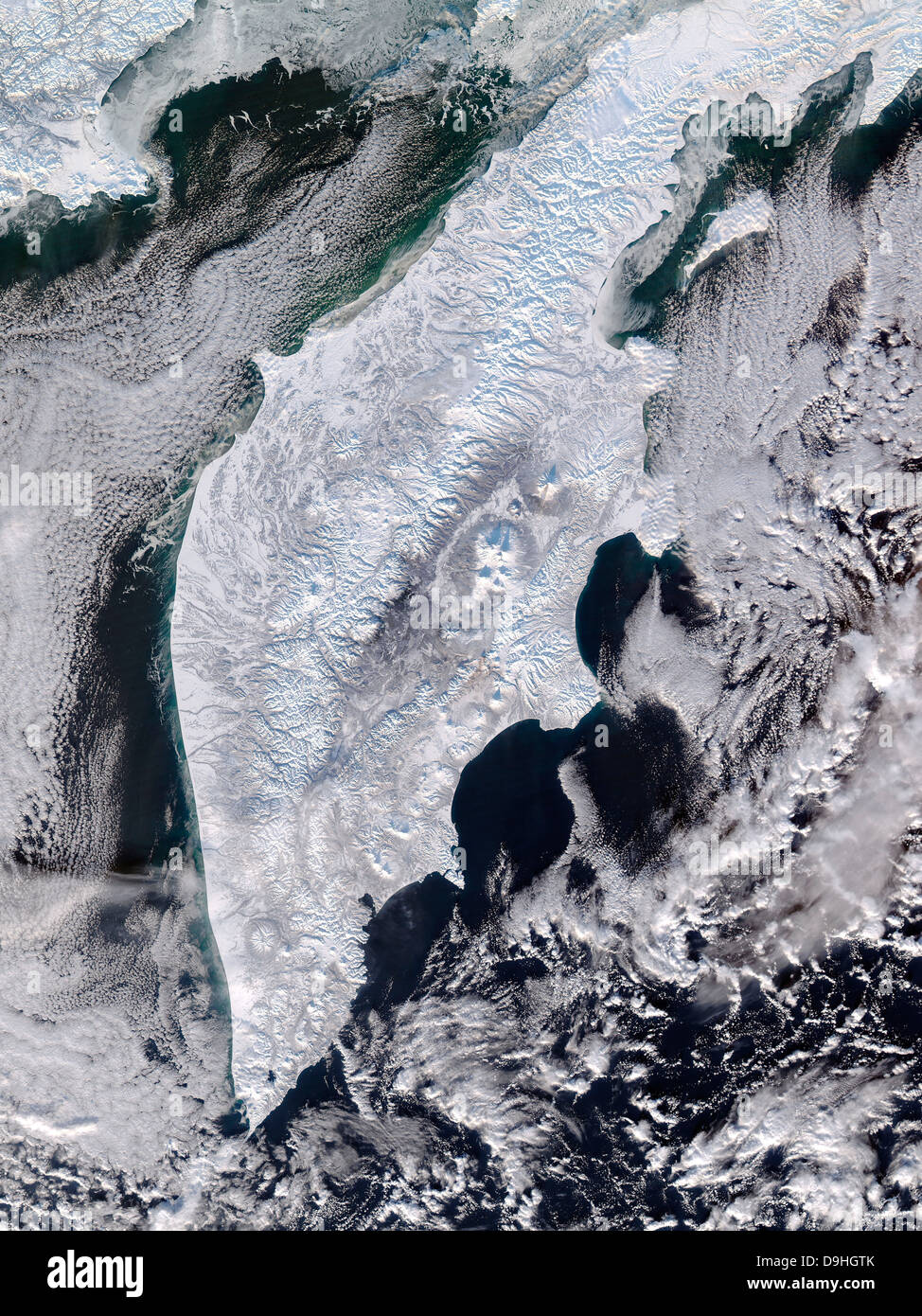 Satellitenbild der Halbinsel Kamtschatka, Ost-Russland. Stockfoto