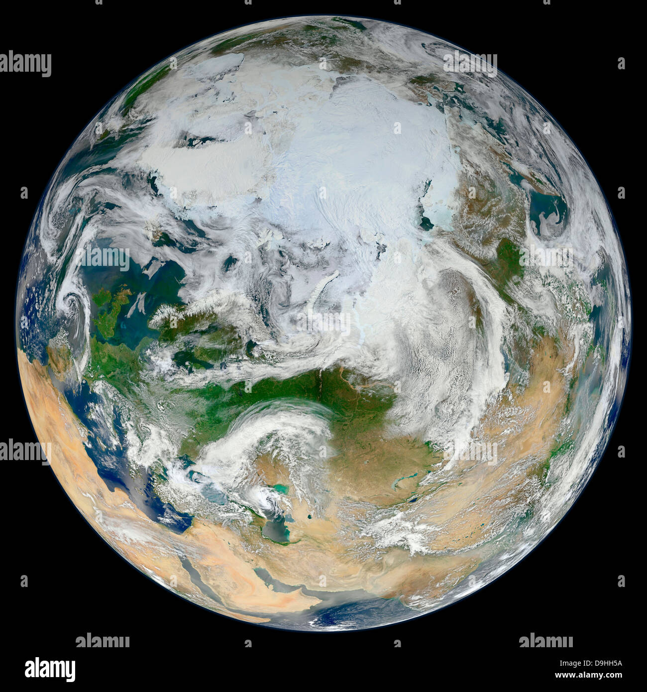Eine synthetisierte Blick auf die Erde zeigt die Arktis, Europa und Asien. Stockfoto