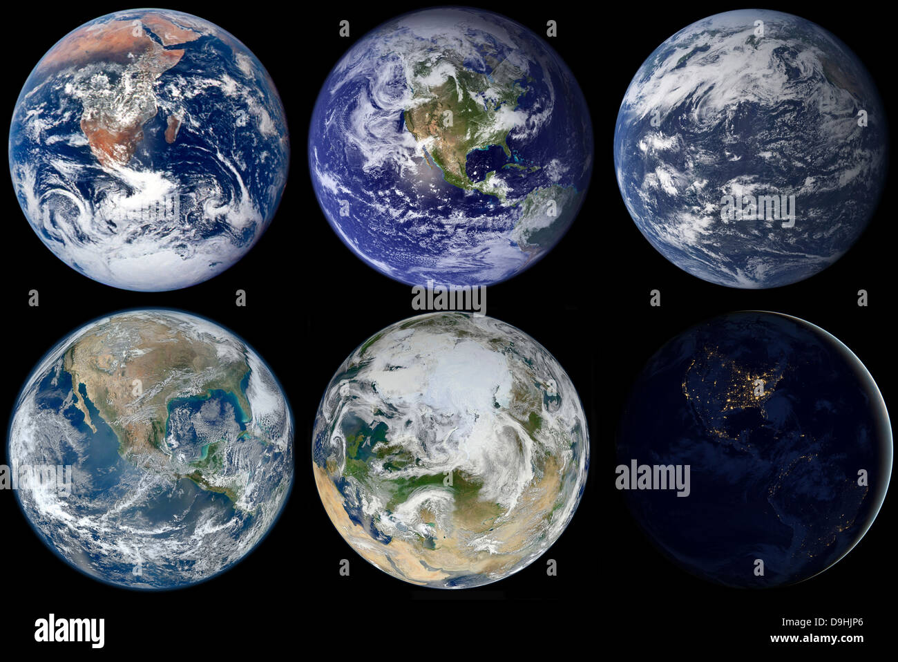 Bildvergleich der ikonischen Ansichten des Planeten Erde. Stockfoto