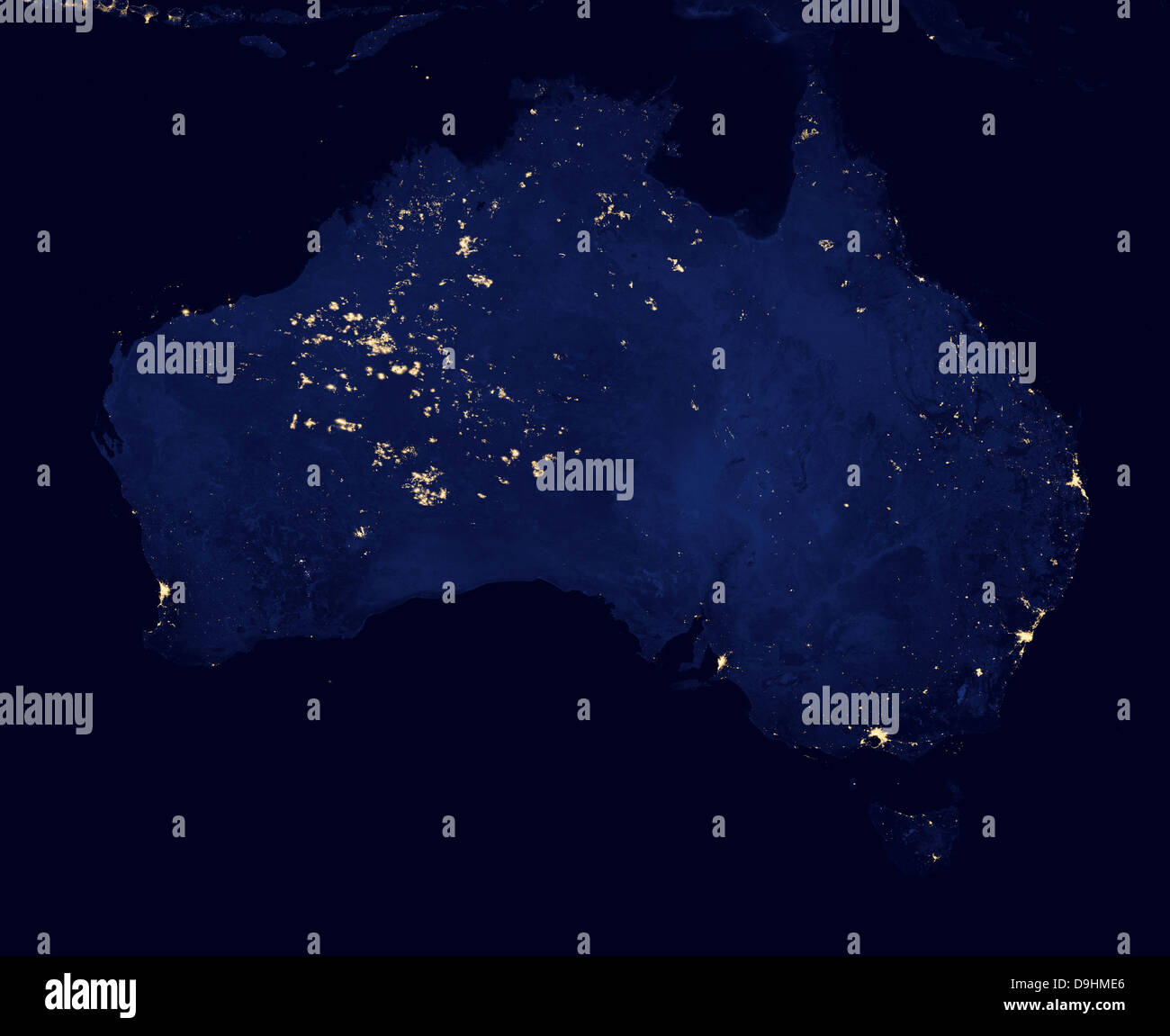 Satelliten-Ansicht zeigt die Nachtlichter von Australien. Stockfoto